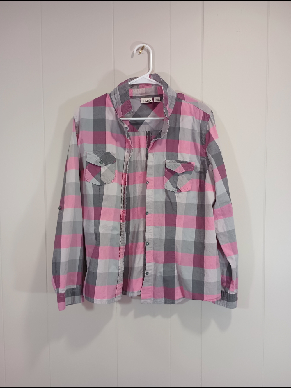 Cato Pink and Gray Plaid Casual Button-Down Shirt